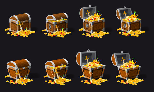 Set old pirate chests full of treasures, gold coins, vector, cartoon style, illustration, isolated. For games, advertising applications