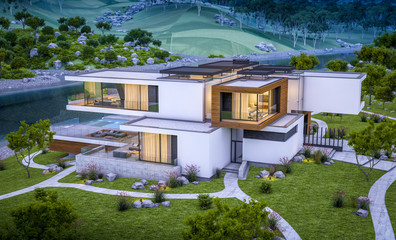 Fototapeta na wymiar 3d rendering of modern house by the river at evening
