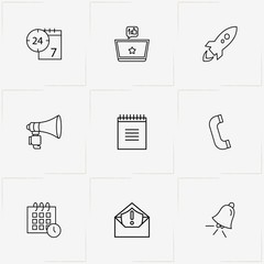 Online Support line icon set with rocket, bell and phone
