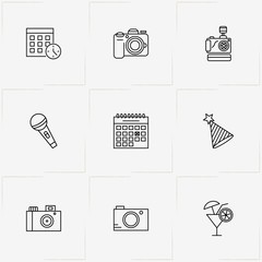 Party line icon set with microphone, cocktail glass and calendar