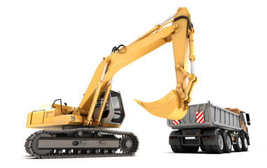 Composition of hydraulic Excavator and dump truck with buckets at foreground isolated on white. 3d illustration.
