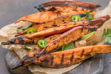 Roasted sweet potatoes on the grill