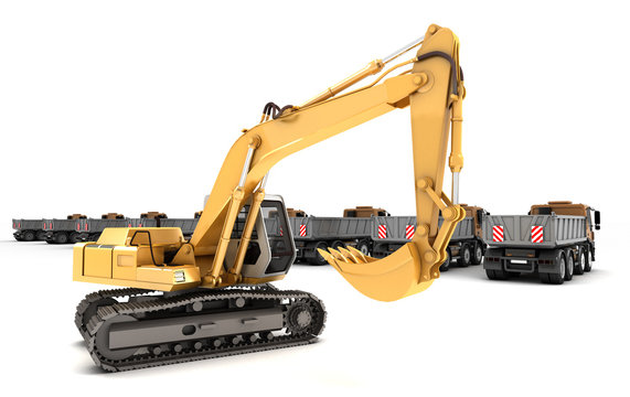 Composition of hydraulic Excavator with bucket at foreground and dump trucks isolated on white. 3d illustration.
