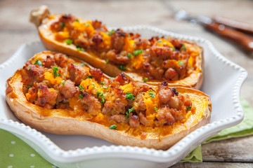 Pumpkin stuffed with meat, vegetables and herbs