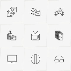 Pensioner line icon set with game cards, pills and spectacles