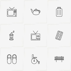 Pensioner line icon set with slippers, baggage and television