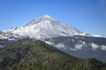 Snowy Teide volcano in a clear day