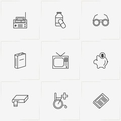 Pensioner line icon set with radio , book and newspaper