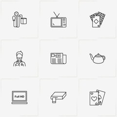 Pensioner line icon set with blood measure , newspaper and television
