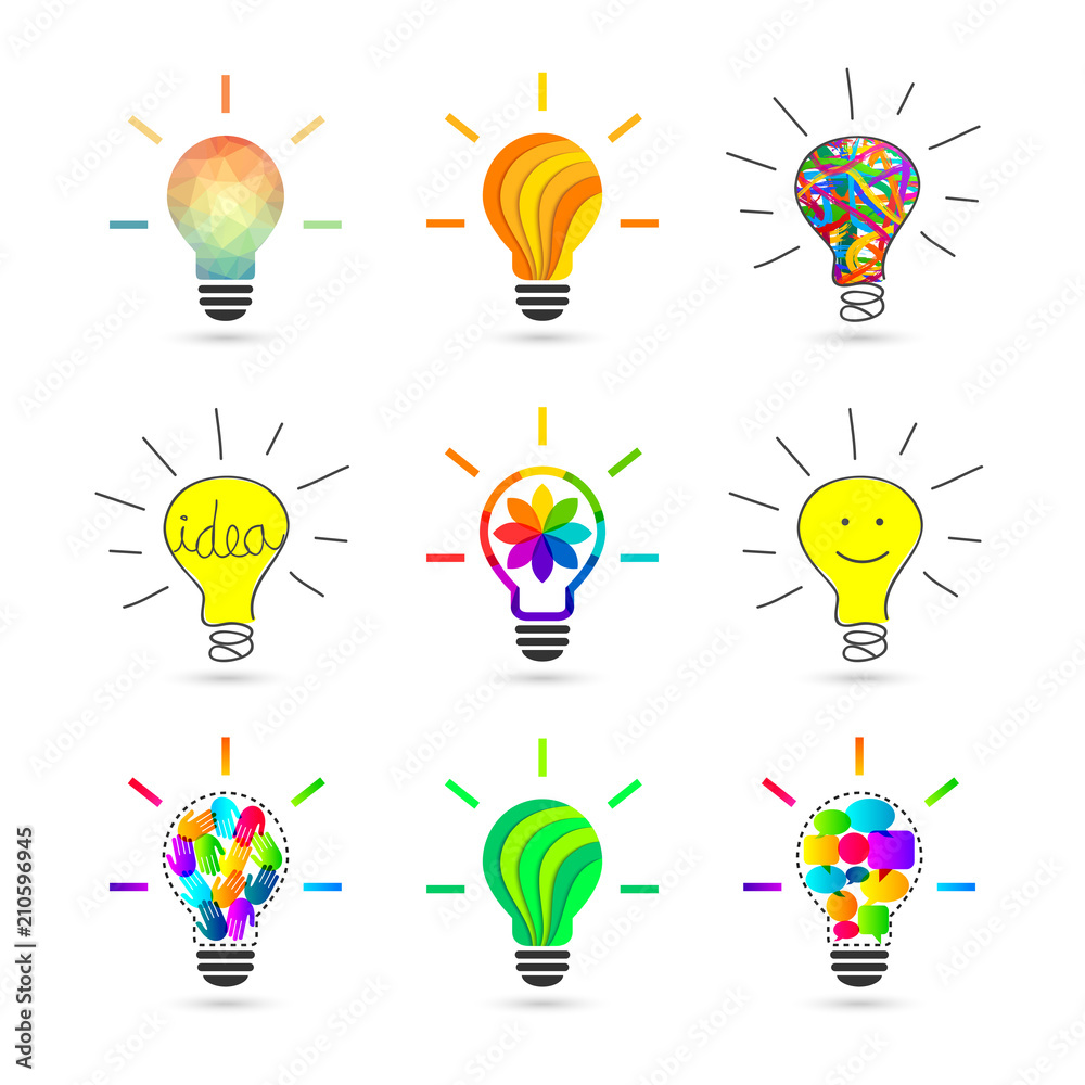 Wall mural lightbulb concept. set made of various design and style.