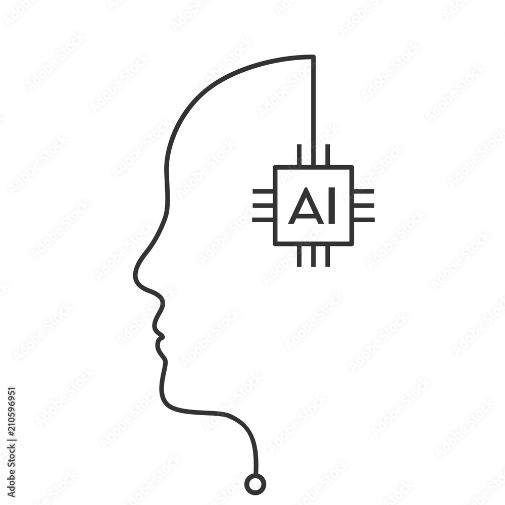 Poster ai - artificial intelligence concept with computer chip. face outline made of circuit line.