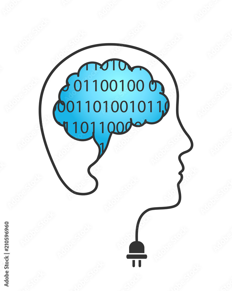 Poster ai - artificial intelligence concept with head silhouette made of wire and brain made of binary code