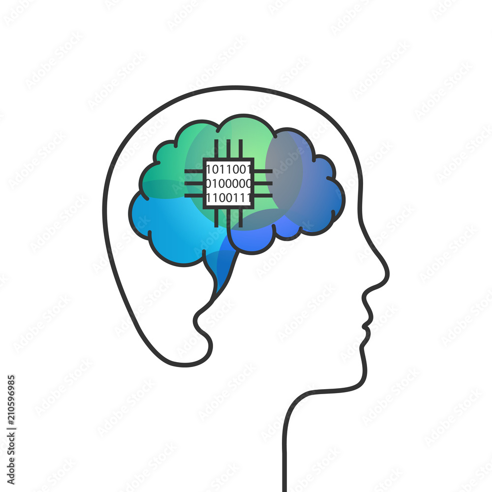 Poster brain, computer chip and binary code concept. head profile silhouette made of wire.