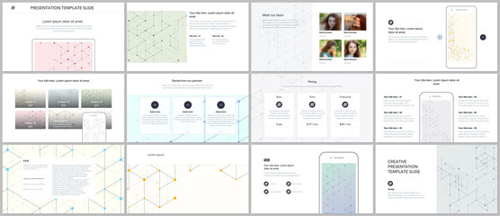 Minimal presentations, portfolio templates. Presentation slides for flyer, brochure, report. Line art pattern with connecting lines. Abstract geometric background. Technology, digital network concept.