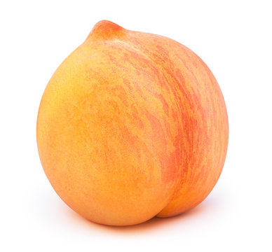 Fresh Red And Yellow Peach Fruit Isolated On The White Background With Clipping Path. One Of The Best Isolated Peaches That You Have Seen.