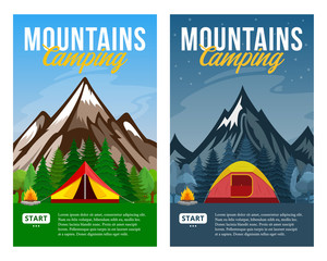 Vector day and night mountains camping vertical banners