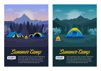 Vector morning and night mountains summer camp vertical banners
