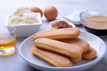 ingredient for homemade tiramisu cake in close up.