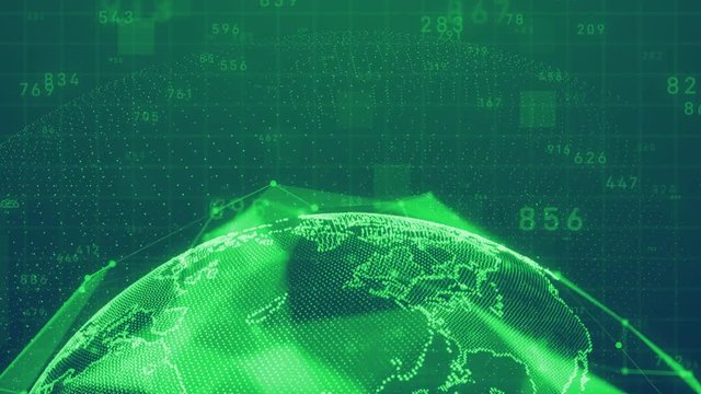 planet earth rotating animation future technology business concept with plexus network and code running