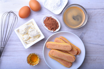 ingredient for homemade tiramisu cake in close up.