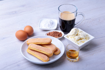 ingredient for homemade tiramisu cake in close up.