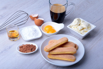 ingredient for homemade tiramisu cake in close up.