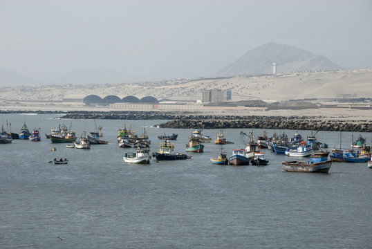 Town and fishing boats, Salaverry, Trujillo, Peru