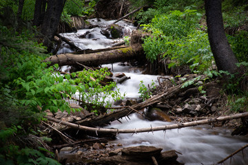 Waterfall rushing down the mountainside in the Rocky Mountains of Colorado