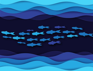 Paper underwater sea cave with jamb of fishes and sea waves. Paper cut deep style vector.  Deep blue marine life, diving concept. Ocean wildlife