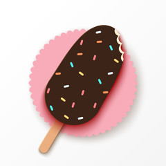 Paper ice cream with chocolate glaze and colorful confectionery on decorative napkin. Summer sweets in modern paper art style, pastel colors.