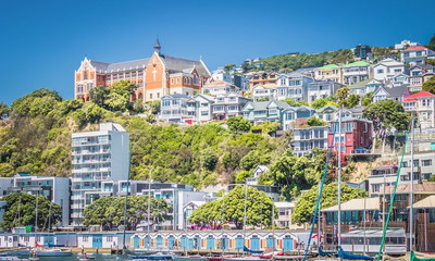 Oriental Parade boat sheds nestled below the iconic St Gerard's Monastery, one of the city's most recognized landmarks on Mount Victoria.