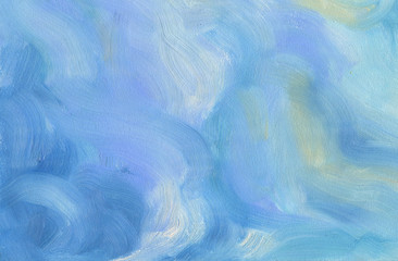 Big overlapping brushstrokes of oil painting texture for background. Spring sky palette in light blue and pale green colors.