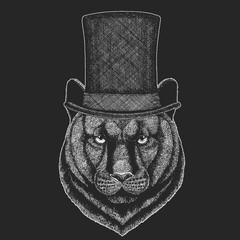 Top hat, cylinder. Hipster animal, gentleman. Classic headdress. Print for children t-shirt, kids clothing.
