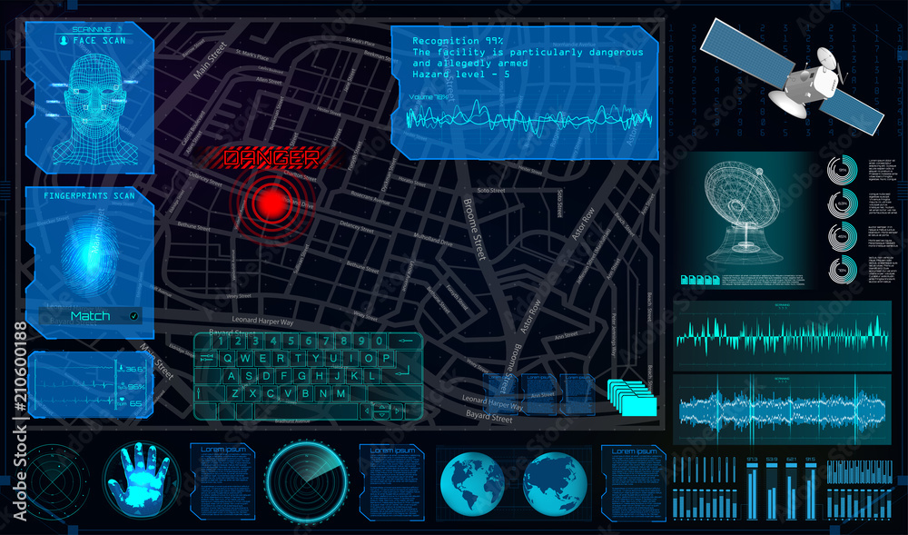 Poster Search and Track a Person From Space in the Style of HUD. Search and Recognition on the Map and Demonstration on The Map. Tracking the Program for Espionage. Spyware In HUD Style. Vector Illustration