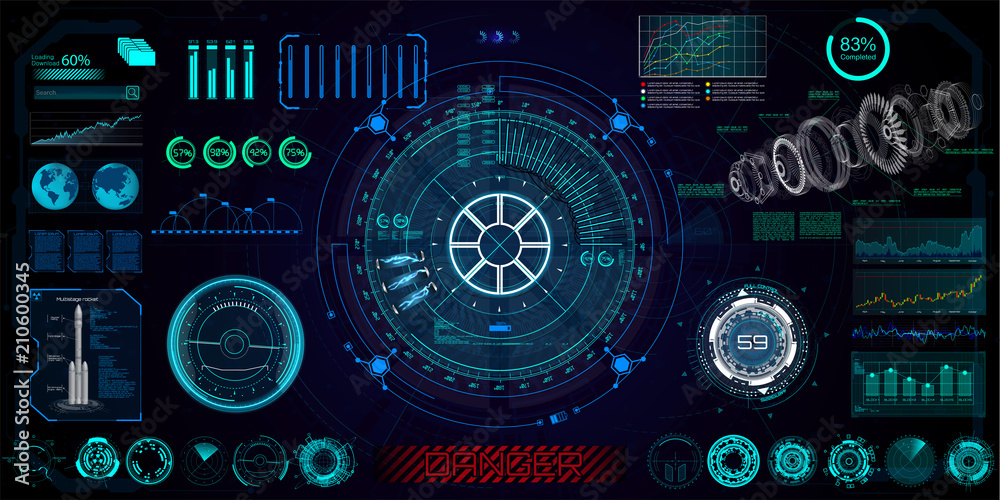 Poster Futuristic concept HUD, GUI style. Screen ( Dashboard, Futuristic Circle, Space Elements, Infographics) Vector Elements Set for HUD Sci Fi Interfaces. Hi tech future design. Sky fi for VR and App.