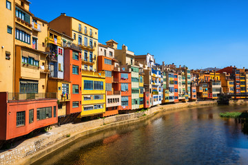 Fototapeta na wymiar Traditional colorful facades in Girona Old Town, Catalonia, Spain