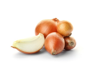 Fresh ripe onions on white background