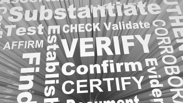 Verify Check Validate Confirm Prove Word Collage 3d Render Animation