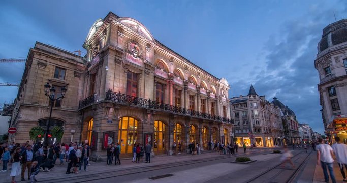 Evening time-lapse of beautiful Opera facade illumination in Reims, Champagne, France