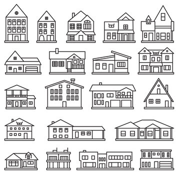Buildings, home and house thin line icon set. Vector icons.