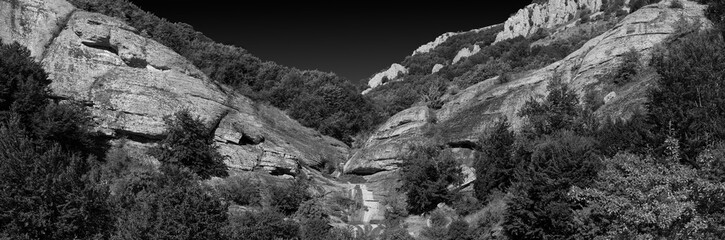Panorama of Jurla waterfall in summer, Crimea