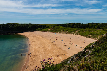 Beautiful sandy beach surrounded by limestone cliffs (Barafundle Bay, South Wales, UK)