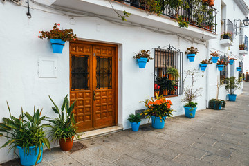 decorated facade of house with flowers in blue pots in Mijas, Spain