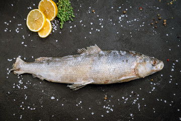 Frozen fish on black concrete Muksun