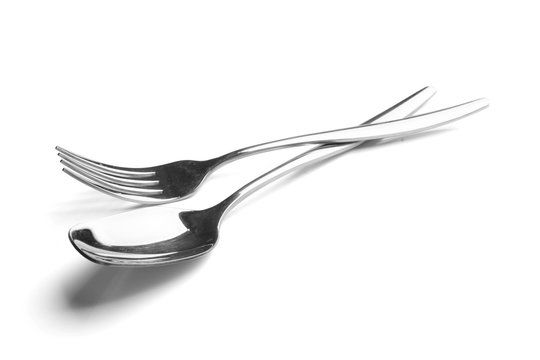 fork and spoon on white