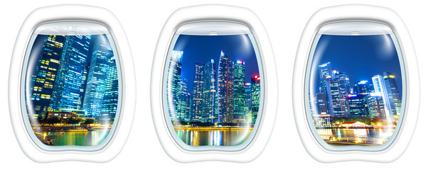 Three porthole frame windows with copy space on white background: central business district from marina bay waterfront promenade in front of bayfront south jetty. night Singapore cityscape illuminated
