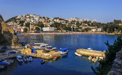 Fototapeta na wymiar View of the bay, the beach and the city of Ulcinj in Montenegro.