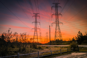 OTTAWA, ONTARIO / CANADA - JUNE 10 2018: ELECTRICAL POWER LINE AT SUNRISE