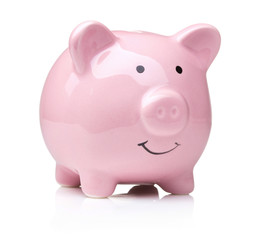 single pink ceramic piggy bank isolated on white background