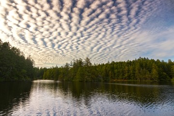 Dramatic Sky and Clouds Reflections in Thetis Lake Provincial Park on Vancouver Island near...